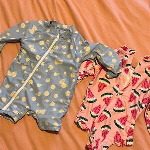 Joe Fresh Girls Blue Daisy Rash Guard Swimsuit & Pink Watermelon One-Piece Set